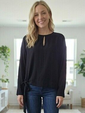 ​Eileen Fisher 100% Silk Black Keyhole Neck Side Tie Blouse Size Small​